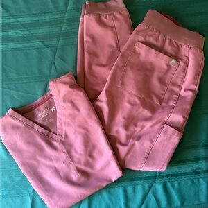 Fabletics Scrub Top and Jogger Bottoms.